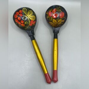 Vintage Russian Khohloma Wooden Hand Painted Spoons USSR Floral Berries Set Of 2